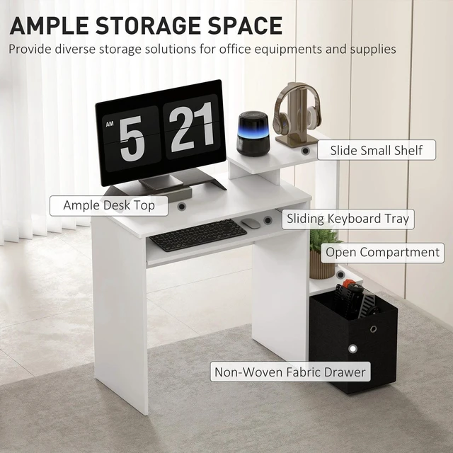 Alt view image 6 of 7 - Computer Desk with Sliding Keyboard Tray Storage Drawer Shelf Workstation White