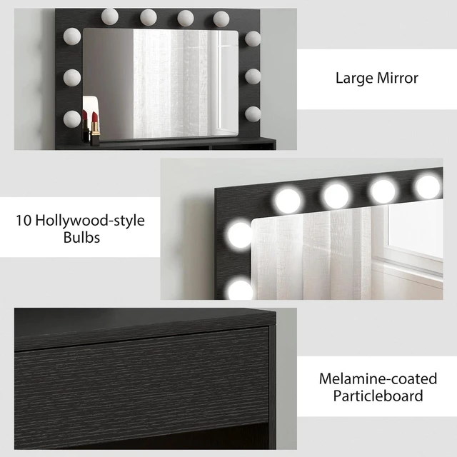 Alt view image 2 of 7 - Vanity Table Makeup Desk with Lighted Mirror and Charging Station, Black