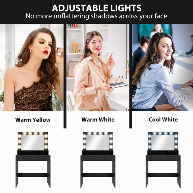 Alt view image 6 of 7 - Vanity Table Makeup Desk with Lighted Mirror and Charging Station, Black