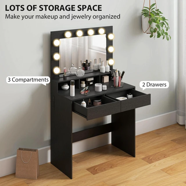 Alt view image 4 of 7 - Vanity Table Makeup Desk with Lighted Mirror and Charging Station, Black