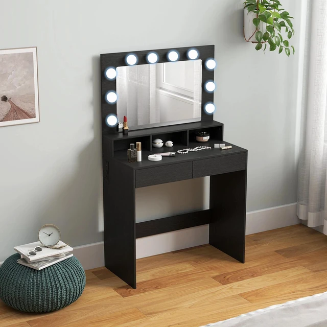 Alt view image 3 of 7 - Vanity Table Makeup Desk with Lighted Mirror and Charging Station, Black