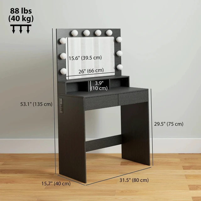 Alt view image 5 of 7 - Vanity Table Makeup Desk with Lighted Mirror and Charging Station, Black