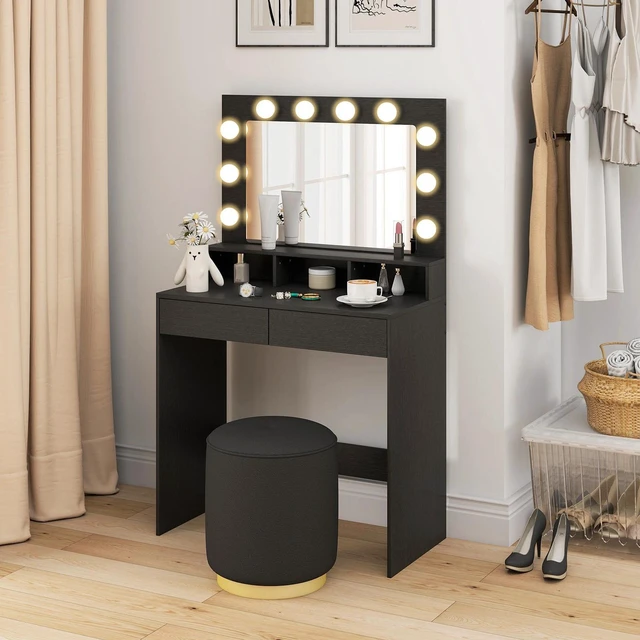 Alt view image 7 of 7 - Vanity Table Makeup Desk with Lighted Mirror and Charging Station, Black