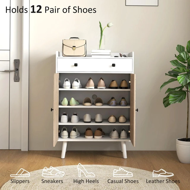 Alt view image 2 of 7 - Shoe Cabinet with Adjustable Shelves and Drawer, White