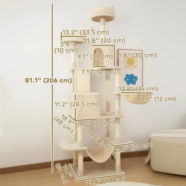 Alt view image 2 of 7 - 81" Large Cat Tree w/ Scratching Posts, Beige