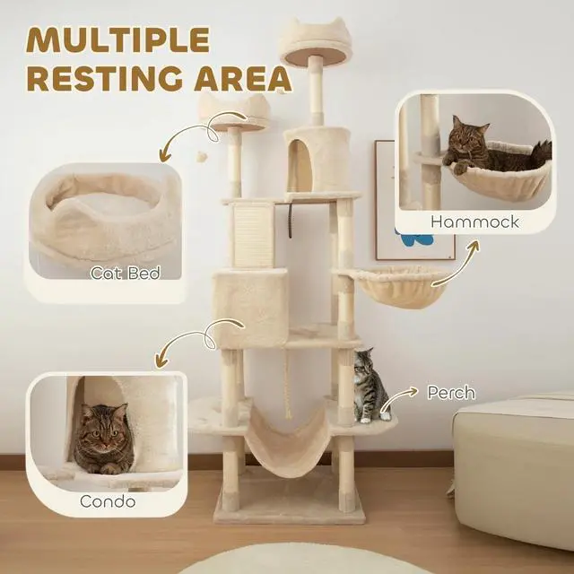 Alt view image 3 of 7 - 81" Large Cat Tree w/ Scratching Posts, Beige