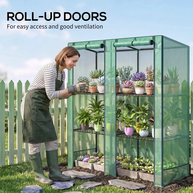 Alt view image 3 of 7 - Lean-to Mini Greenhouse with 3 Tier Shelves, Green