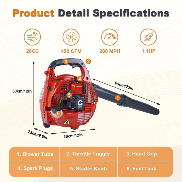 Alt view image 5 of 7 - 26CC 2-Stroke Gas Leaf Blower Handheld 490CFM 280MPH for Lawn Yard Garden