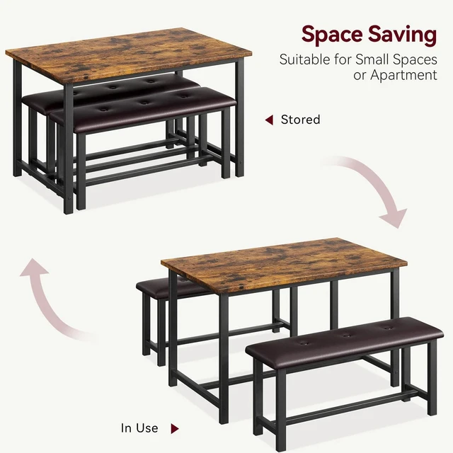 Alt view image 3 of 7 - 44IN Dining Table Set 4-6 Persons Wooden with 2 Upholstered Benches SpaceSaving