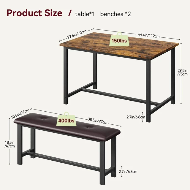 Alt view image 4 of 7 - 44IN Dining Table Set 4-6 Persons Wooden with 2 Upholstered Benches SpaceSaving