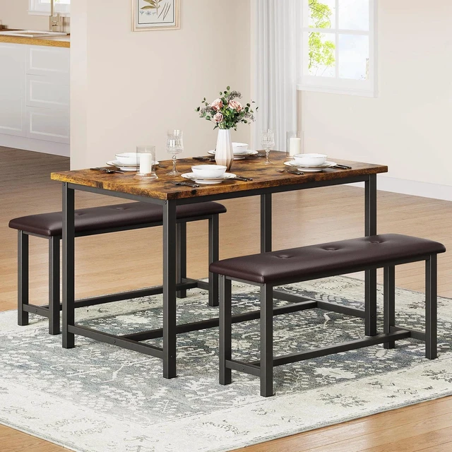 Main image of 44IN Dining Table Set 4-6 Persons Wooden with 2 Upholstered Benches SpaceSaving