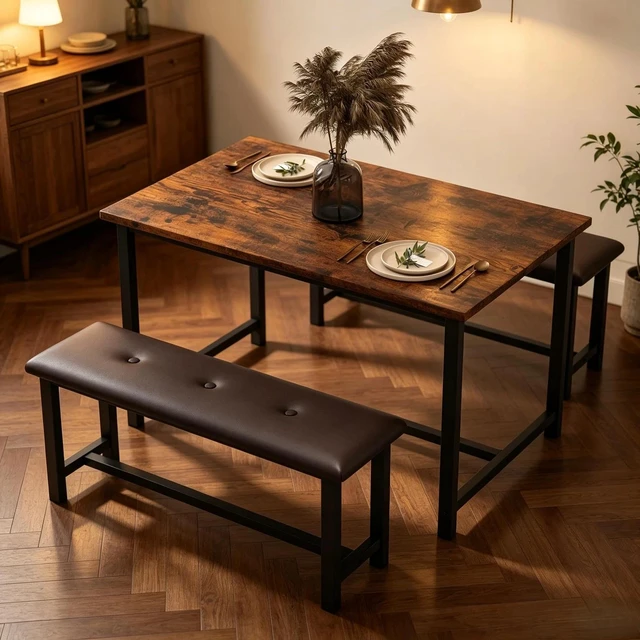 Alt view image 7 of 7 - 44IN Dining Table Set 4-6 Persons Wooden with 2 Upholstered Benches SpaceSaving
