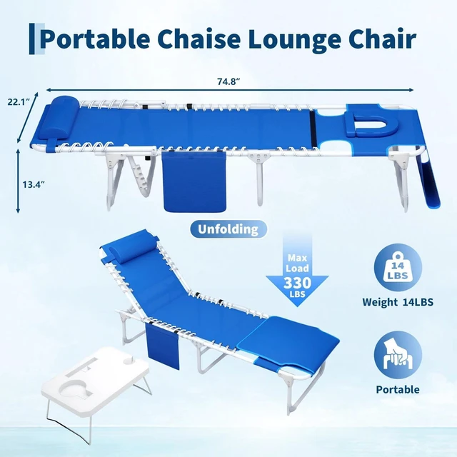 Alt view image 5 of 7 - Tanning Chair 3in1 Face Hole Folding Table 5Recline Patio Garden Pool