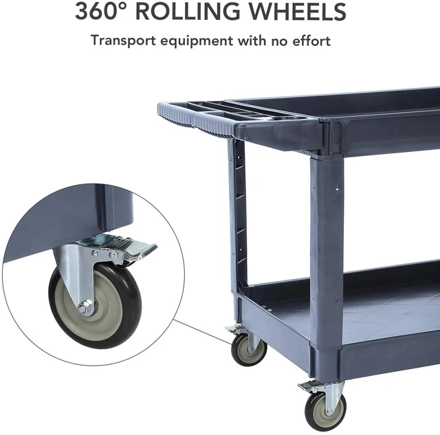 Alt view image 2 of 7 - Plastic Rolling Utility Cart 2Shelf 500Lbs Brake Wheel Garage Cleaning