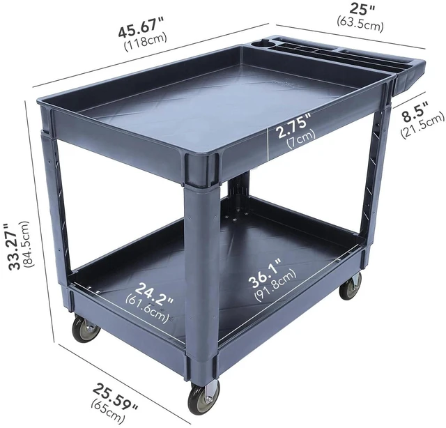Alt view image 4 of 7 - Plastic Rolling Utility Cart 2Shelf 500Lbs Brake Wheel Garage Cleaning