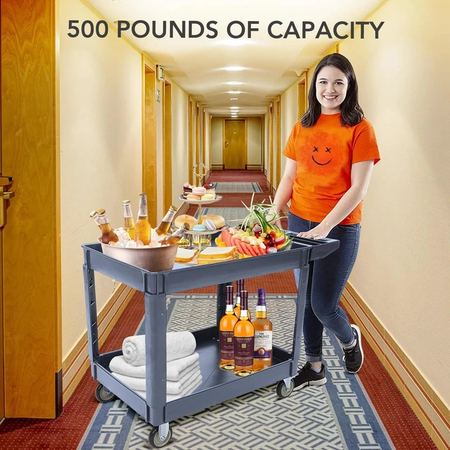 Alt view image 6 of 7 - Plastic Rolling Utility Cart 2Shelf 500Lbs Brake Wheel Garage Cleaning
