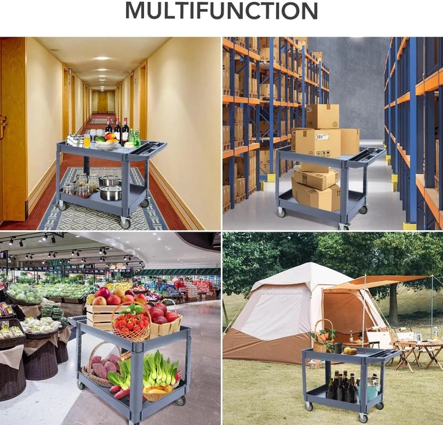 Alt view image 7 of 7 - Plastic Rolling Utility Cart 2Shelf 500Lbs Brake Wheel Garage Cleaning