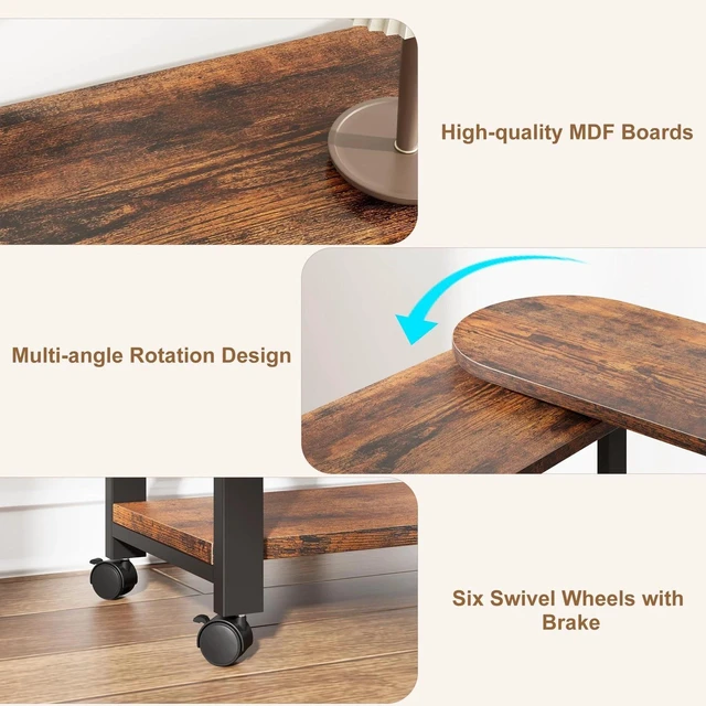 Alt view image 5 of 7 - 360 Swivel Sofa Side Table Charging Station 2Tier Lockable Wheels Storage