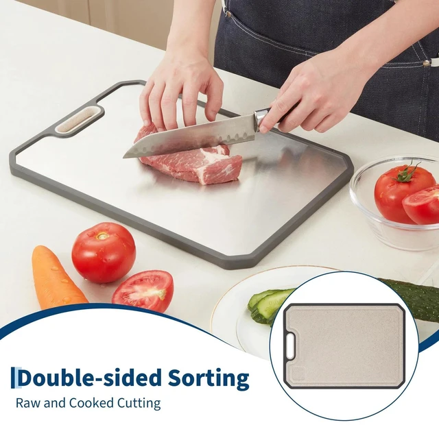Alt view image 5 of 7 - Double-Sided 304 Stainless Cutting Board Large Juice Groove Handle Dishwasher