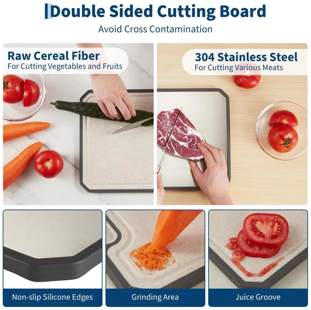 Alt view image 4 of 7 - Double-Sided 304 Stainless Cutting Board Large Juice Groove Handle Dishwasher