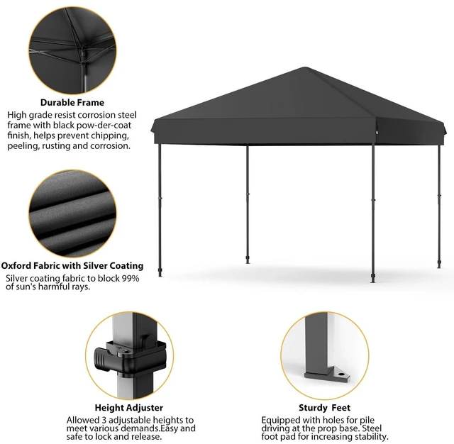 Alt view image 3 of 5 - 10x10 Pop Up Canopy Tent Waterproof One-Push Adjustable Heights Oxford Fabric