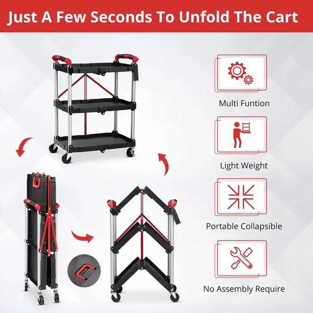 Alt view image 5 of 7 - 3-Tier Folding Utility Cart with Wheels Handle Portable Folding Service Cart