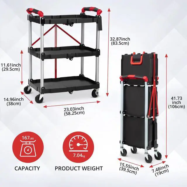 Alt view image 3 of 7 - 3-Tier Folding Utility Cart with Wheels Handle Portable Folding Service Cart