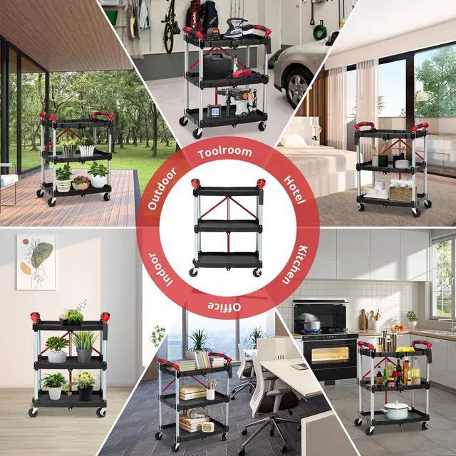 Alt view image 7 of 7 - 3-Tier Folding Utility Cart with Wheels Handle Portable Folding Service Cart