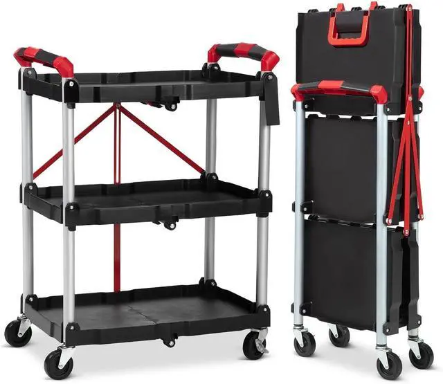 Main image of 3-Tier Folding Utility Cart with Wheels Handle Portable Folding Service Cart