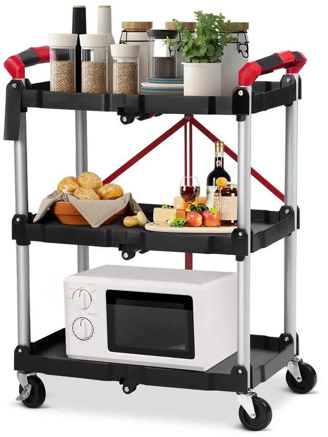 Alt view image 2 of 7 - 3-Tier Folding Utility Cart with Wheels Handle Portable Folding Service Cart