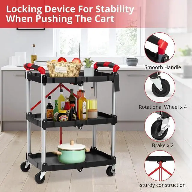 Alt view image 4 of 7 - 3-Tier Folding Utility Cart with Wheels Handle Portable Folding Service Cart
