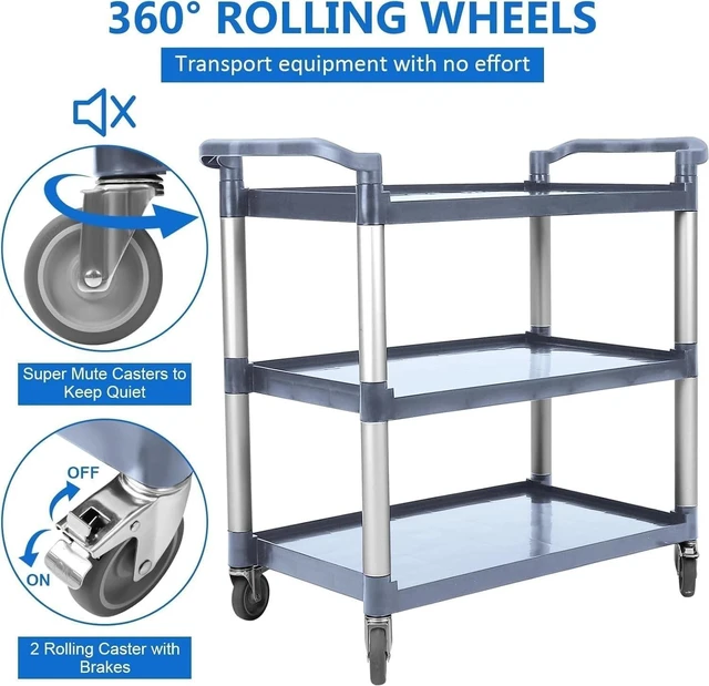 Alt view image 2 of 6 - Utility Service Cart with Wheels 3-Tier Food Service Cart 360lbs Capacity