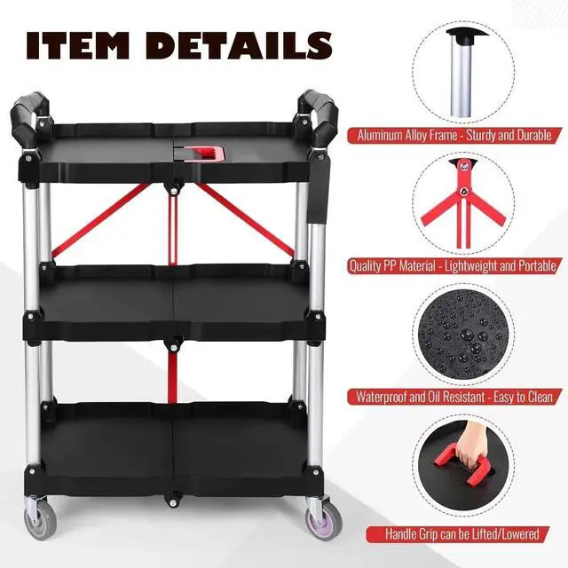 Alt view image 3 of 6 - Folding Service Cart Heavy Duty Foldable Utility Cart with 360° Swivel Wheels