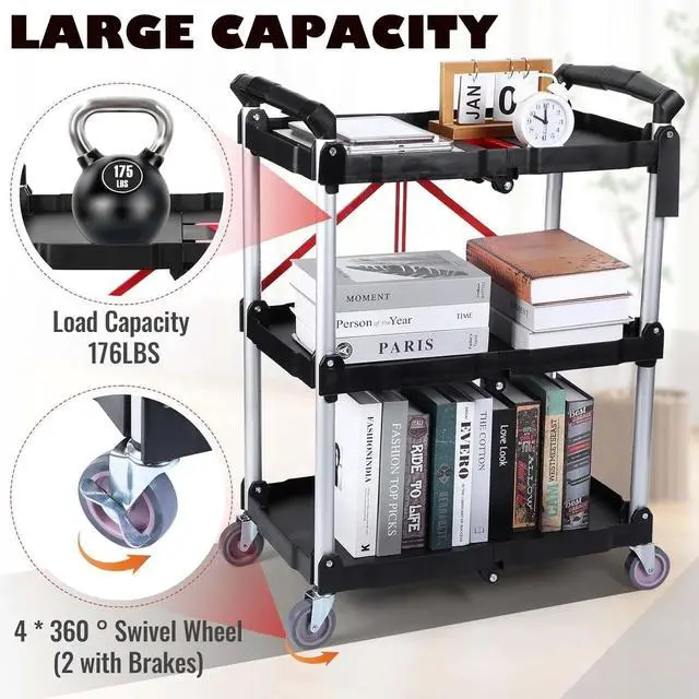 Alt view image 5 of 6 - Folding Service Cart Heavy Duty Foldable Utility Cart with 360° Swivel Wheels