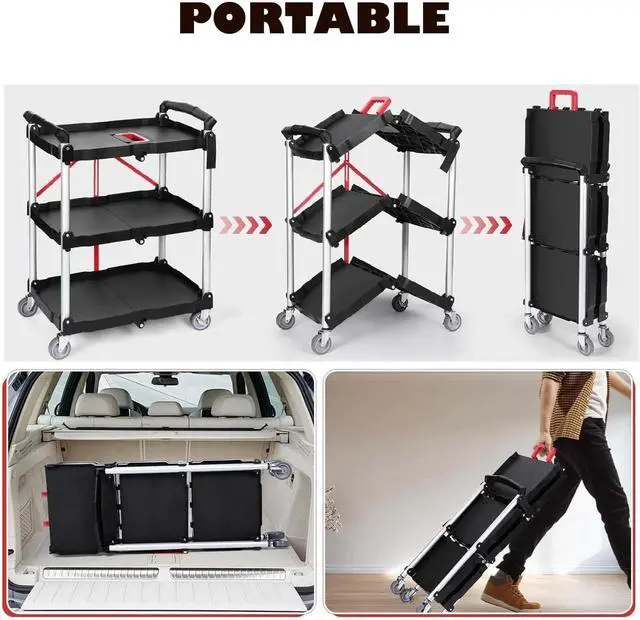 Alt view image 2 of 6 - Folding Service Cart Heavy Duty Foldable Utility Cart with 360° Swivel Wheels