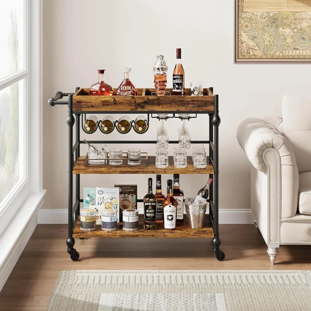 Alt view image 6 of 7 - 3-Tier bar cart with Wheel Bar Cart Mobile Beverage Wine Cart with Storage Shelf