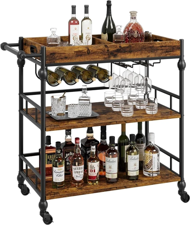 Main image of 3-Tier bar cart with Wheel Bar Cart Mobile Beverage Wine Cart with Storage Shelf
