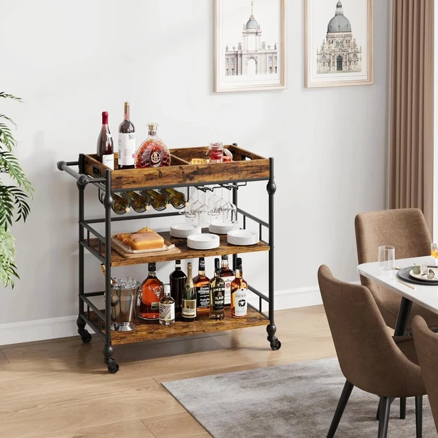 Alt view image 4 of 7 - 3-Tier bar cart with Wheel Bar Cart Mobile Beverage Wine Cart with Storage Shelf