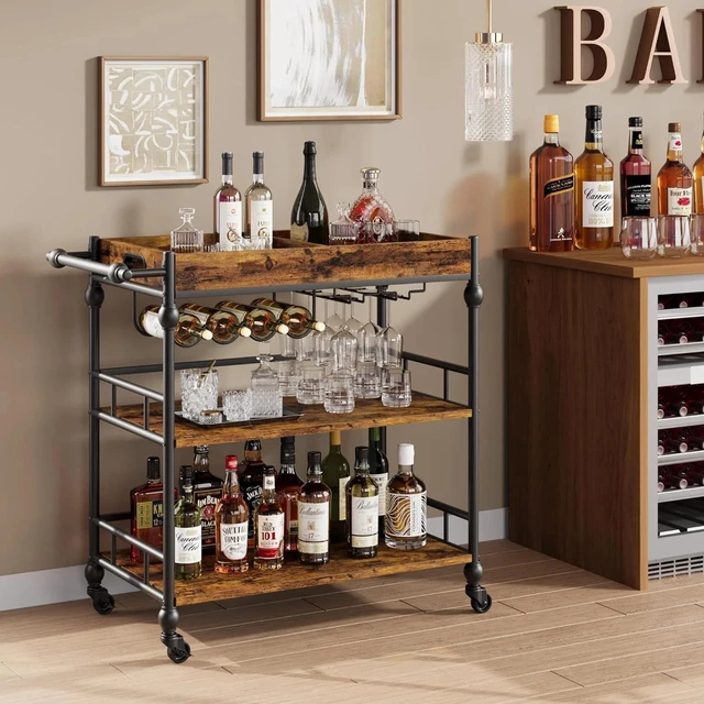 Alt view image 5 of 7 - 3-Tier bar cart with Wheel Bar Cart Mobile Beverage Wine Cart with Storage Shelf