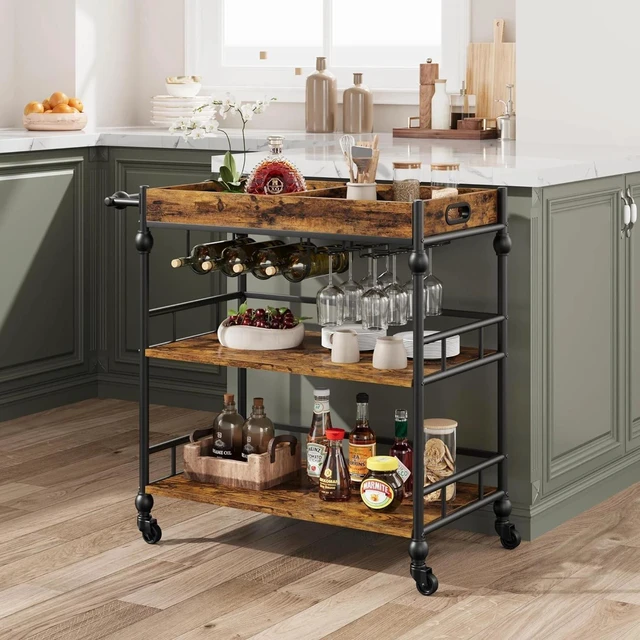 Alt view image 2 of 7 - 3-Tier bar cart with Wheel Bar Cart Mobile Beverage Wine Cart with Storage Shelf