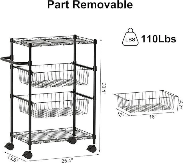 Alt view image 5 of 7 - 4-Tier Metal Rolling Cart on Wheels with Handle with Removable Storage Baskets
