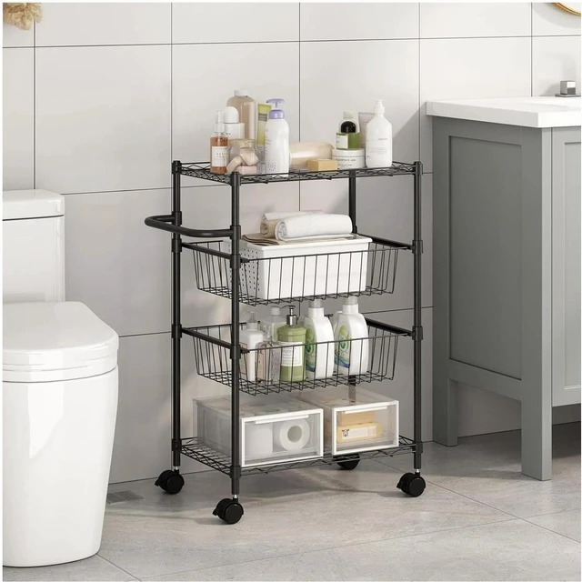 Alt view image 4 of 7 - 4-Tier Metal Rolling Cart on Wheels with Handle with Removable Storage Baskets