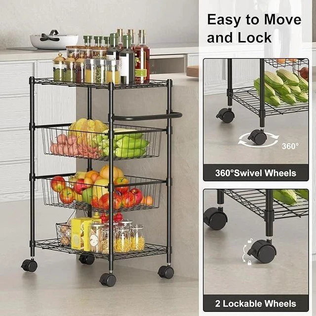 Alt view image 6 of 7 - 4-Tier Metal Rolling Cart on Wheels with Handle with Removable Storage Baskets