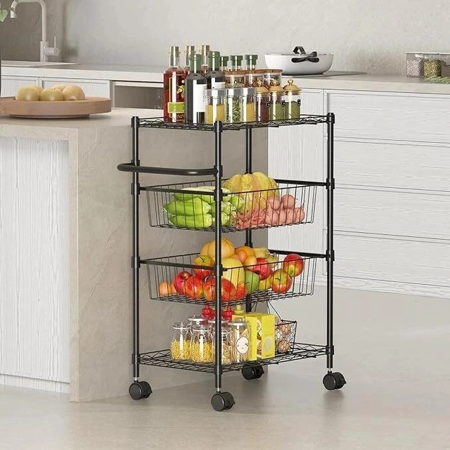 Alt view image 2 of 7 - 4-Tier Metal Rolling Cart on Wheels with Handle with Removable Storage Baskets