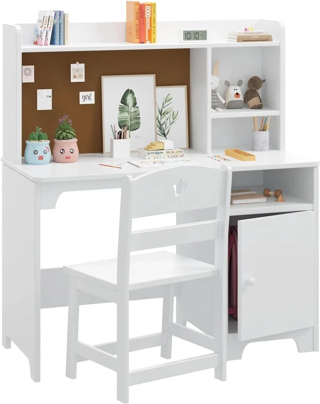 Main image of Kids Desk and Chair Set with Bookshelf Children's Learning Study Table White