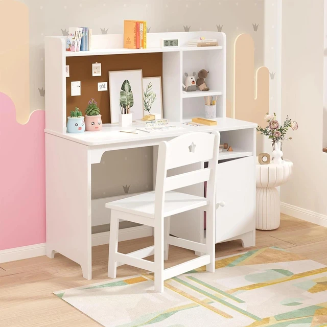 Alt view image 3 of 7 - Kids Desk and Chair Set with Bookshelf Children's Learning Study Table White