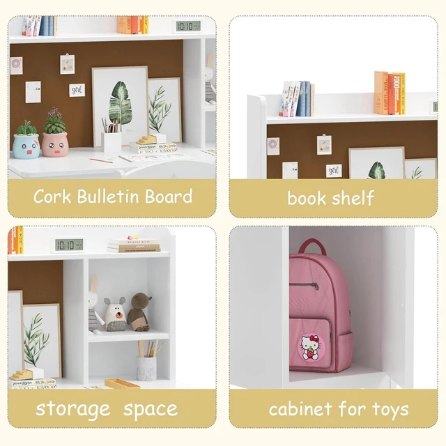 Alt view image 4 of 7 - Kids Desk and Chair Set with Bookshelf Children's Learning Study Table White