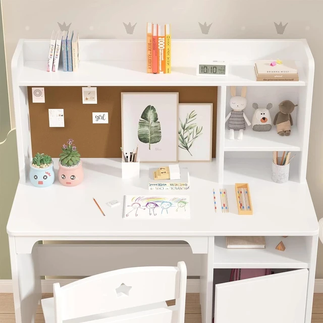 Alt view image 5 of 7 - Kids Desk and Chair Set with Bookshelf Children's Learning Study Table White