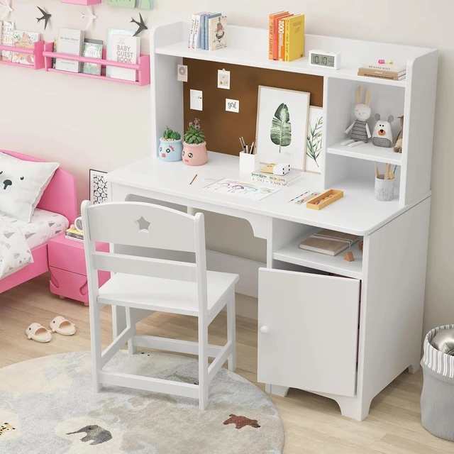 Alt view image 2 of 7 - Kids Desk and Chair Set with Bookshelf Children's Learning Study Table White
