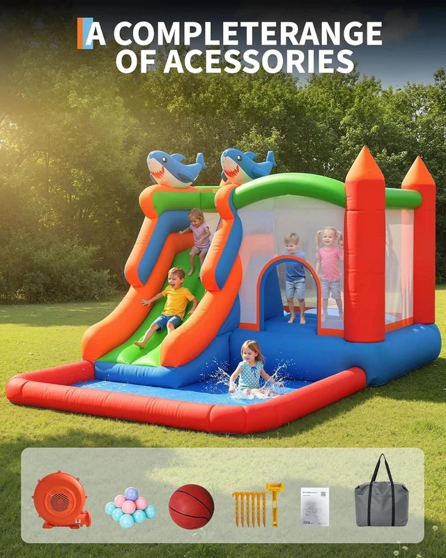 Alt view image 3 of 7 - 5 in 1 Bounce House w/ Slide Climb Wall Basketball Hoop Inflatable Bouncy Castle